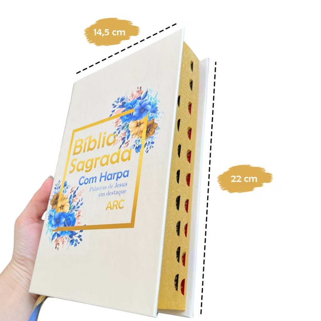 Bíblia Sagrada Feminina Capa Dura Com Harpa e Índice LETRA MÉDIA Versão ARC Dourada Flores