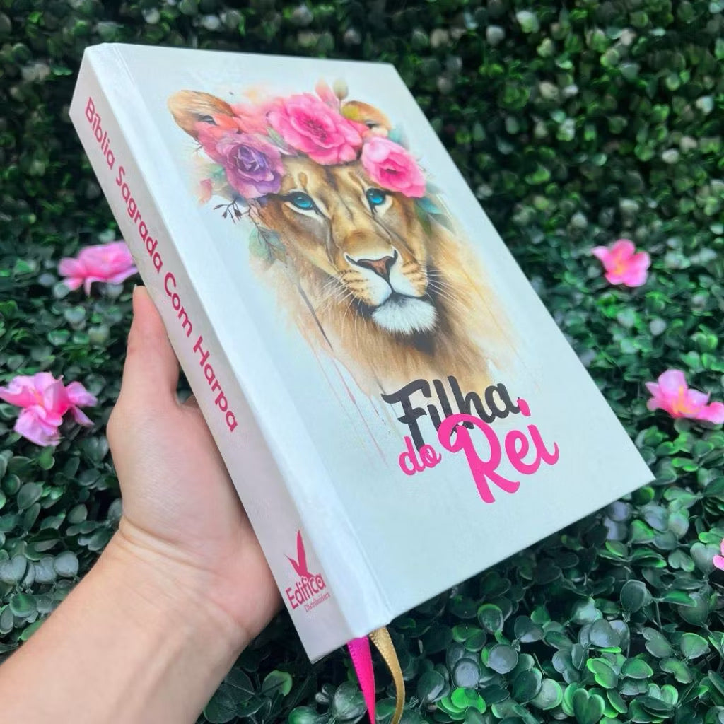 Bíblia Sagrada Leão Feminina LETRA HIPER GIGANTE Capa Dura Com Harpa e Índice ARC Filha do Rei Rosa