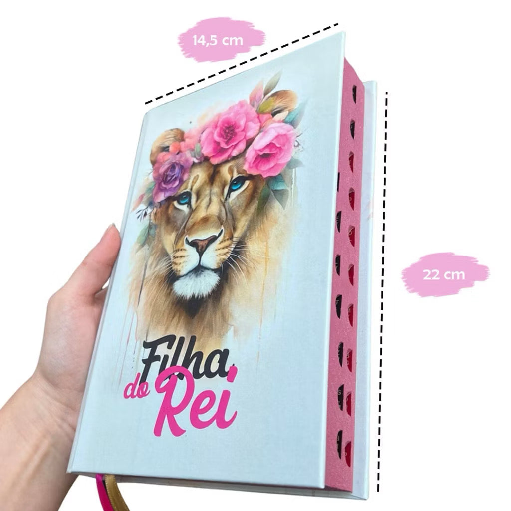 Bíblia Sagrada Leão Feminina LETRA HIPER GIGANTE Capa Dura Com Harpa e Índice ARC Filha do Rei Rosa