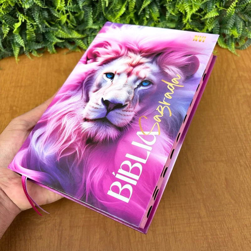 Bíblia NVI Feminina Leão Rosa Letras Médias Com Índice Palavras de Jesus destacadas Evangélica